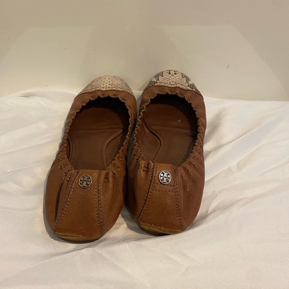 Tory Burch brown ballet flat with snake skin toe. - Picture 2 of 3